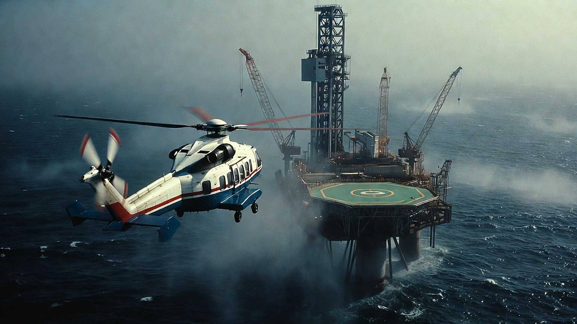 Helicopter view on approach to the platform