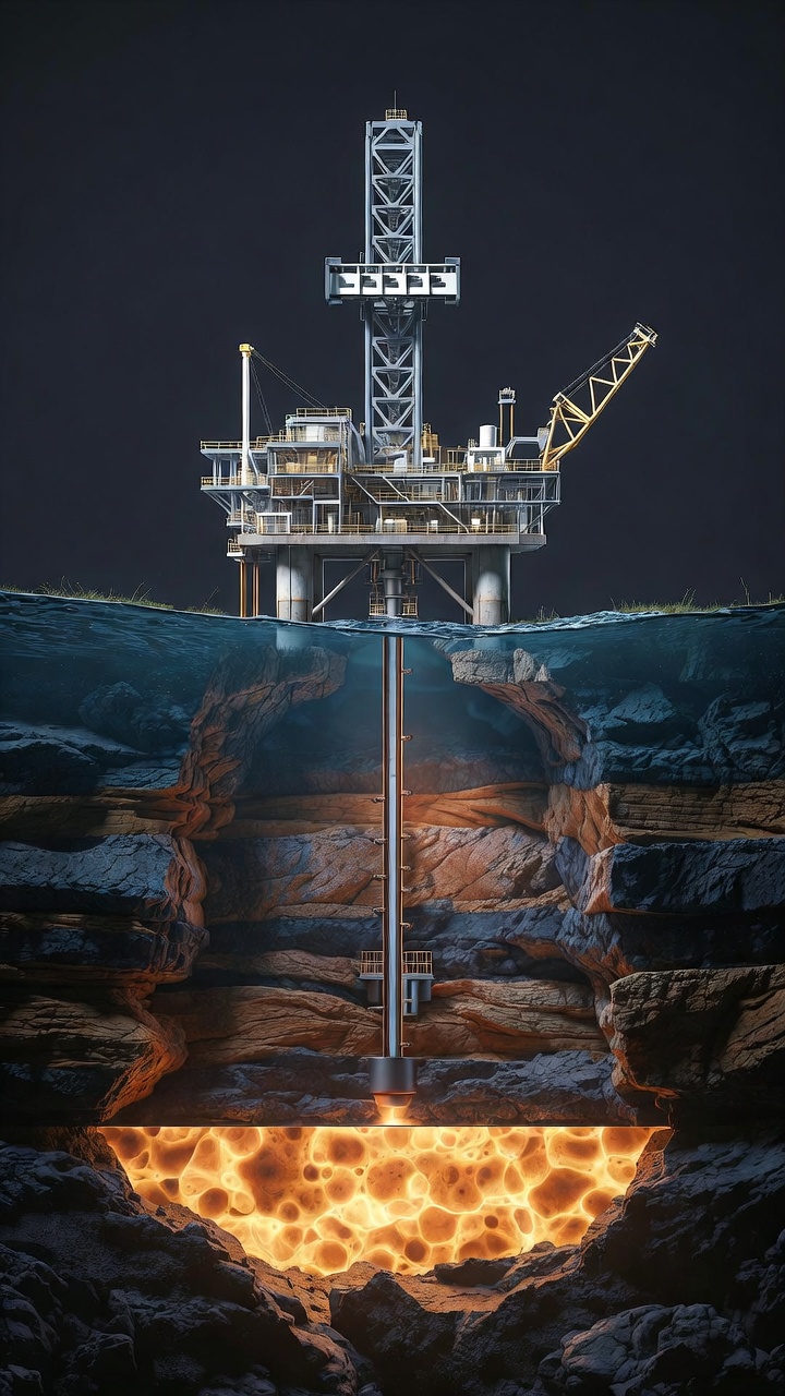 Cutaway illustration of the platform, riser, casing and reservoir