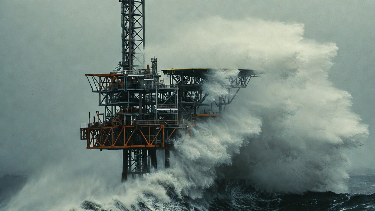 Storm waves striking the platform legs