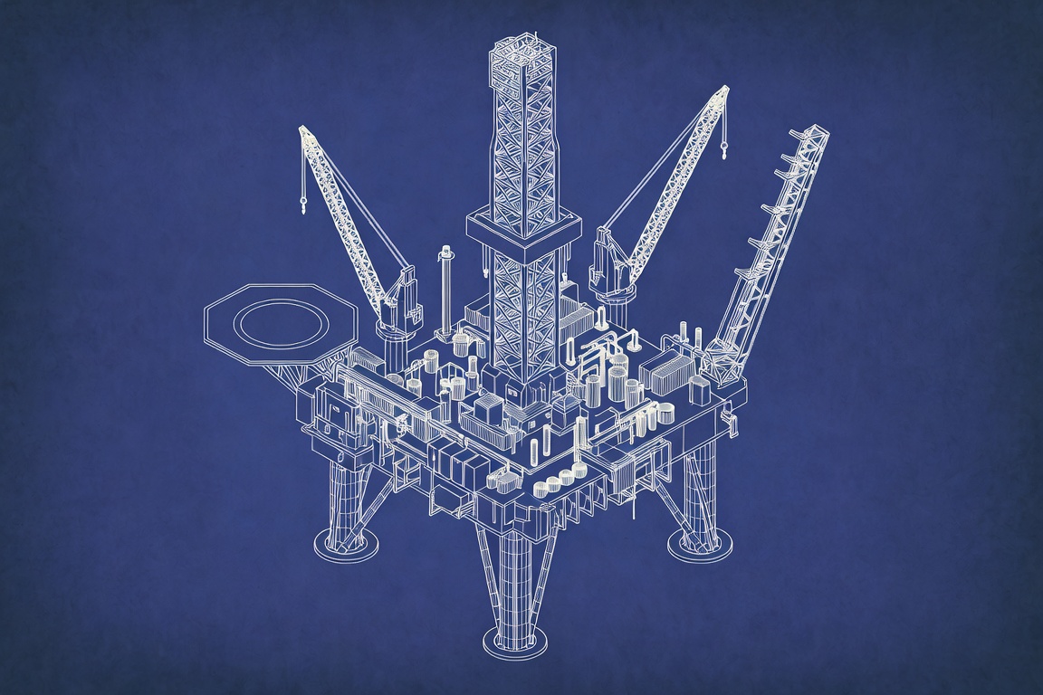 Isometric wireframe blueprint of the full platform