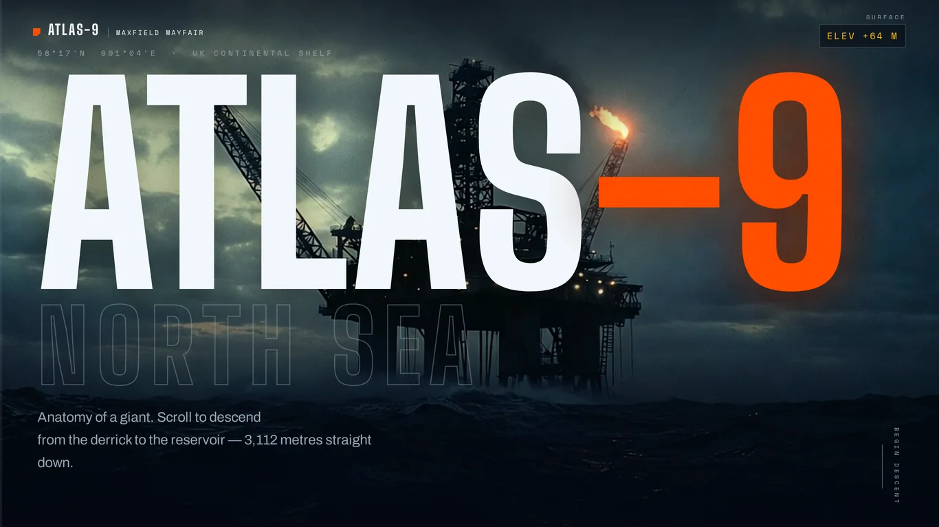 ATLAS-9 — towering headline type over a North Sea platform at dusk