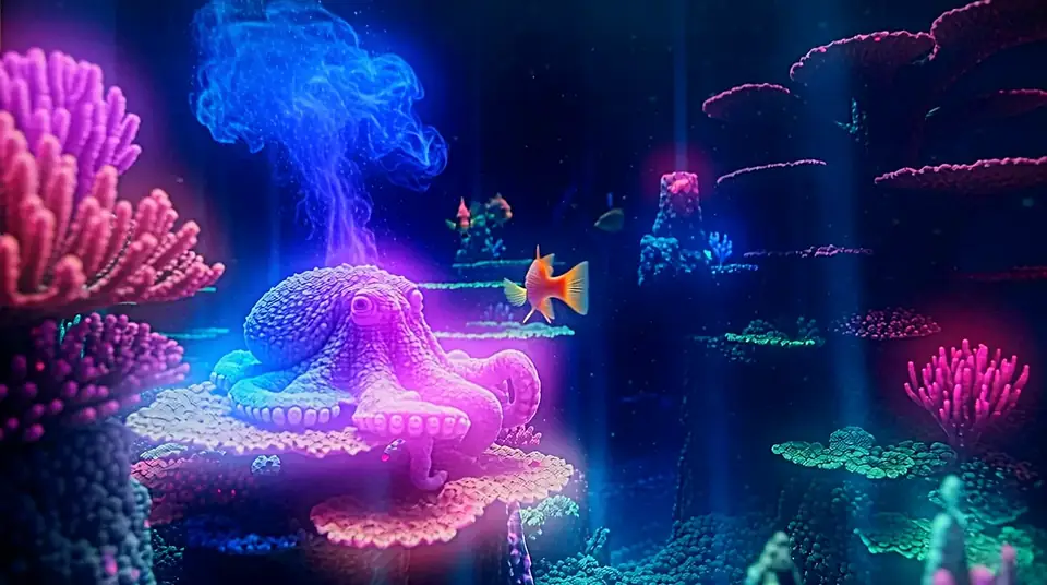 Past The Glass — frames from all seven chapters of the scroll-film, from the opening storm to the neon reef and the final reveal