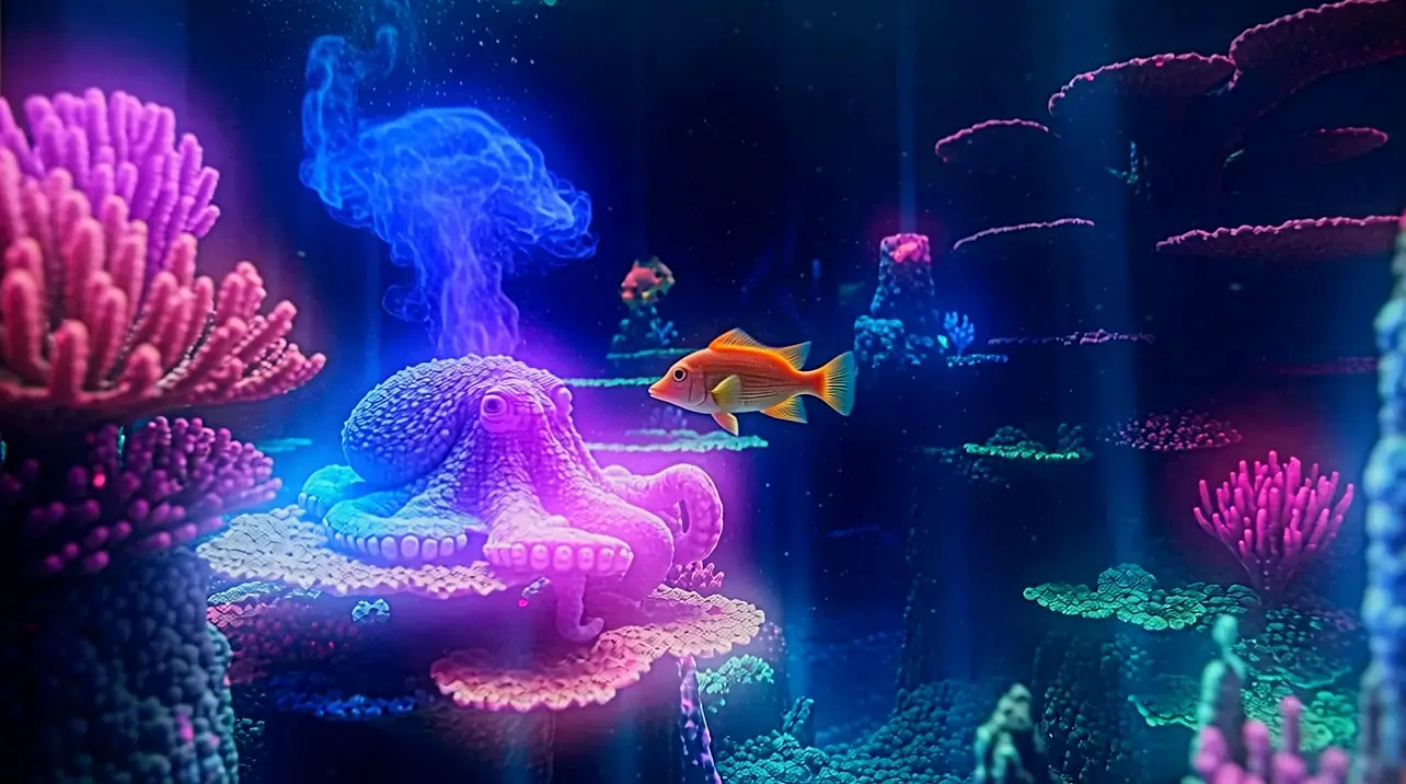 Past The Glass — the octopus display: blue and violet light rippling across its skin in the neon reef, the amber fish passing by