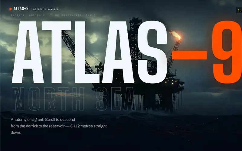 ATLAS-9 — towering headline type over a North Sea platform at dusk
